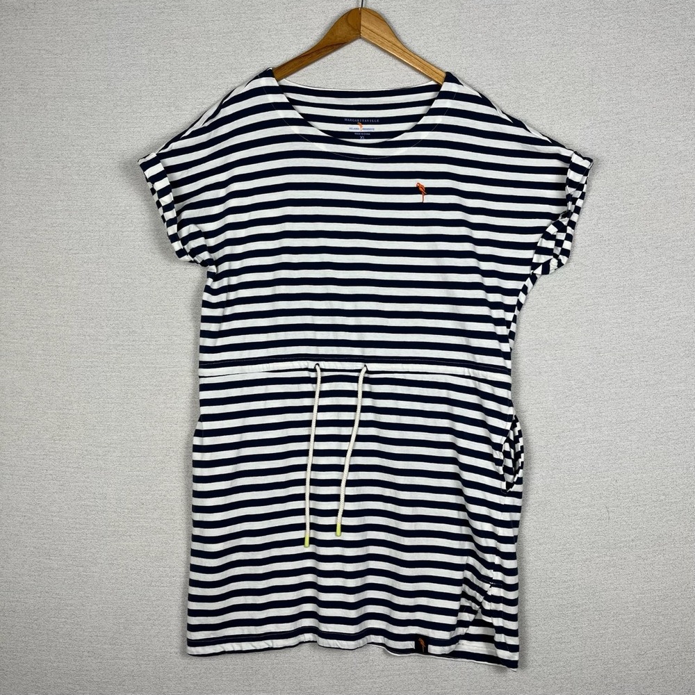 Margaritaville Navy and White Striped Drawstring T-Shirt Dress